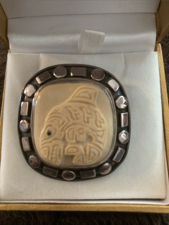 Korite Jewelry - Vintage Korite Mammoth Carved Ivory Fish Motif Brooch/Pendant Sterling Silver